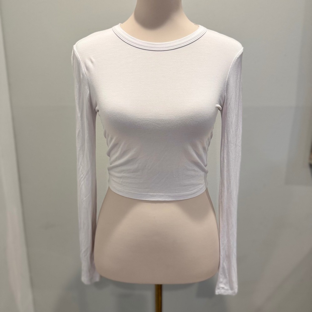 ABARDSION White Crop Top Long Sleeve Essential Versatile | Size S